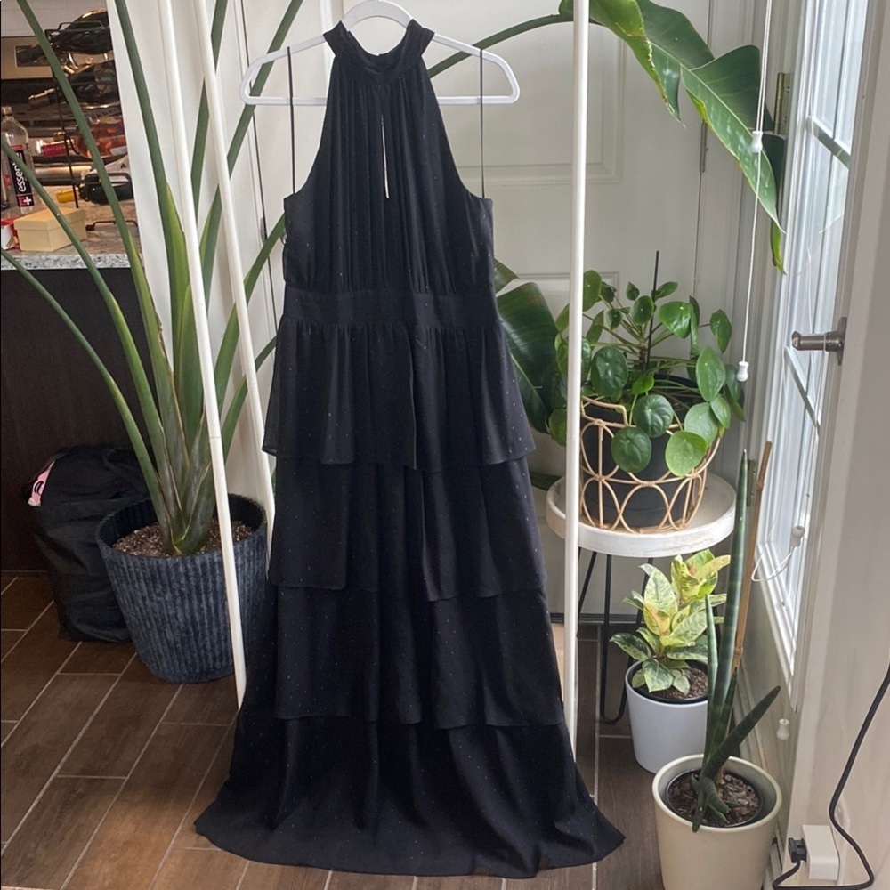 Express Black Tiered Sparkling Maxi Dress keyhole detail - Picture 3 of 9